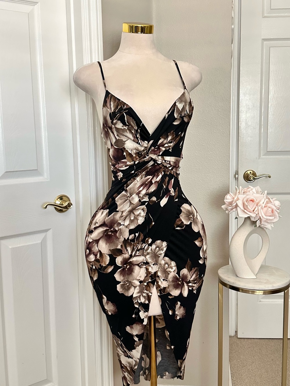 Fashion Nova Black Floral Midi Cami Dress w/ Side Slit & Knot Front Sz S